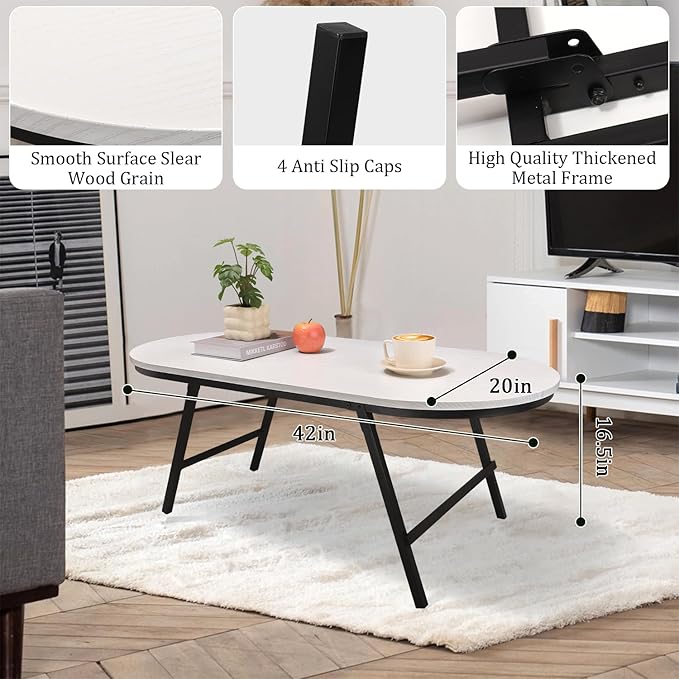 Small Oval Coffee Table Wooden Low Coffee Table with Folding Legs Portable White Center Table Simple Modern Floor Table Desk for Living Room Home Office