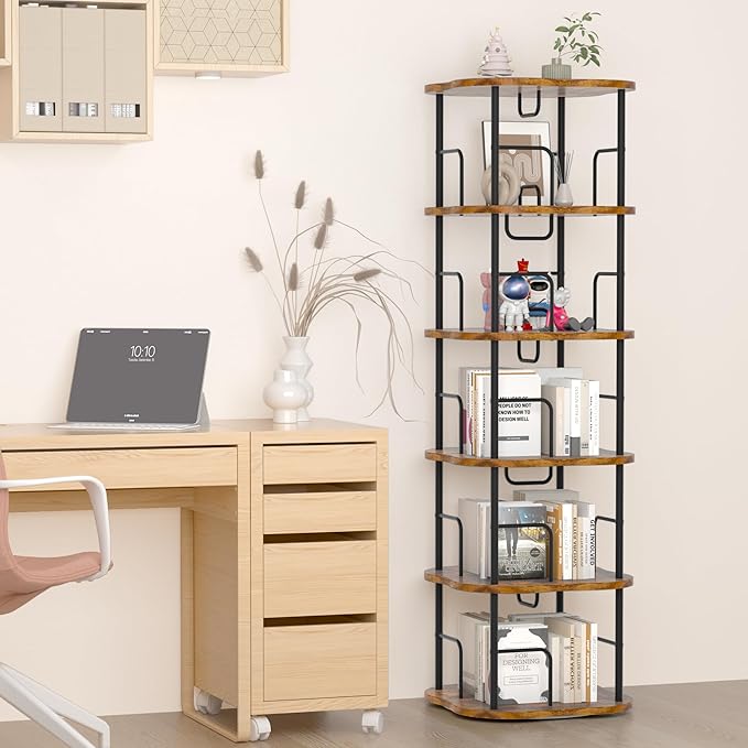 5-Tier Rotating Book Shelf, 360° Display Spinning Bookshelf Tower, Book Organizer, Floor Standing Bookcases for Small Space, Corner Book Shelf for Bedroom, Living Room, Study Room (RUSTIC BROWN)