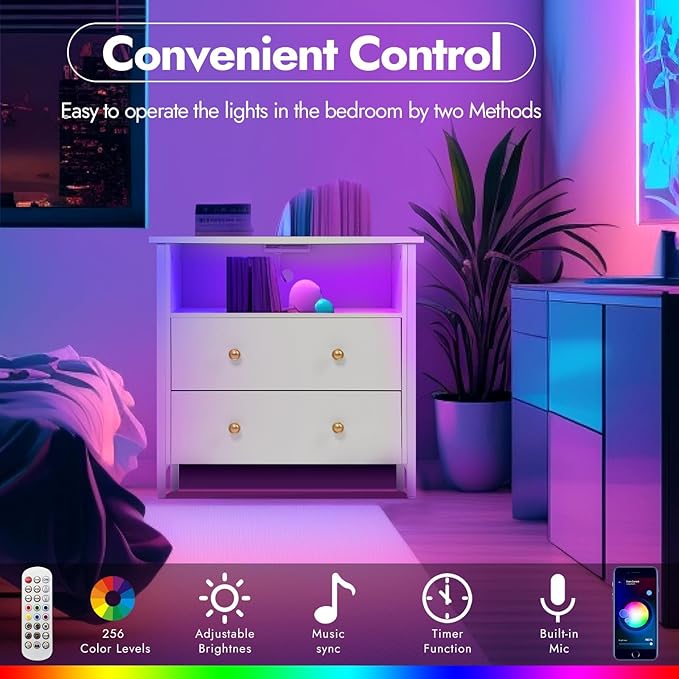 27 Inch Wide Night Stand, Large Wood Night Stand Set 2 with 2 Drawers, LED Nightstand with Charging Station and Adjustable Drawer, Bedside Table for Living Room/Bedroom/Study/Office, White.