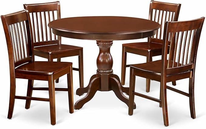 East West Furniture HBNF5-MAH-W 5 Piece Kitchen Table Set for 4 Includes a Round Dining Room Table with Pedestal and 4 Solid Wood Seat Chairs, 42x42 Inch, Mahogany