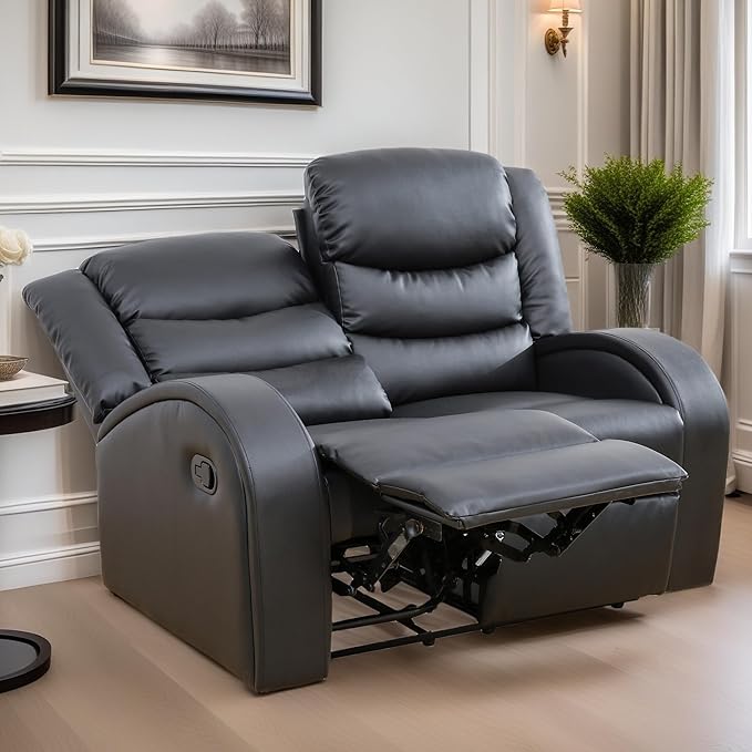 Loveseat Recliner Sofa, Reclining Loveseat Leather Couch Upholstered, Modern Comfy Home Theater Seating Power Recliner Chair for Living Room Furniture Sets, Black