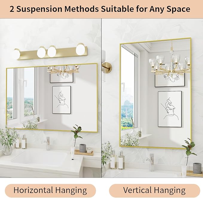 Koonmi Gold Rectangle Wall Mirror, 20x30 Inch Bathroom Mirror, Aluminum Frame Vanity Mirror for Entryway, Living Room, Bedroom Bathroom, Hangs Horizontally or Vertically