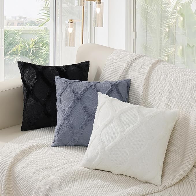 decorUhome Throw Pillow Covers 24x24 Inch Set of 2, Soft Plush Faux Fur Wool Black Couch Pillow Covers, Decorative Neutral Pillow Cases for Bed Sofa Living Room Home Decor