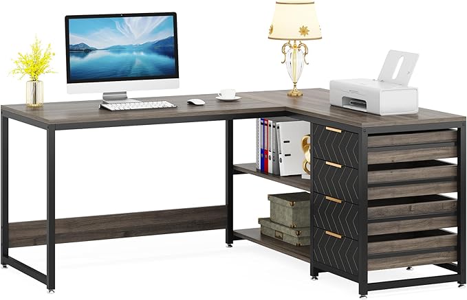 Tribesigns L Shaped Computer Desk with Storage Drawers, 59 inch Corner Desk with Shelves, Reversible L-Shaped Office Desk Writing Table Workstation for Home Office, Grey