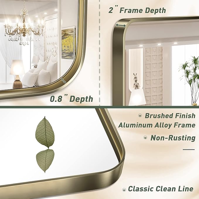 TokeShimi Gold Bathroom Mirror for Wall 48 x 30 Inch Metal Rounded Corner Rectangle Mirror Wall Mirror in Aluminum Alloy Metal Frame Deep Set Design Hangs Horizontal Or Vertical