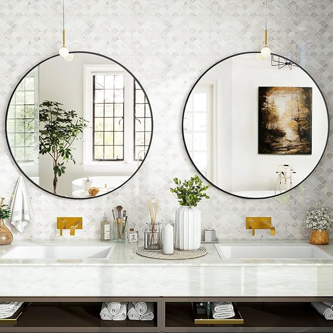 Black Round Bathroom Mirror, 24 inch Circle Wall Mounted Hanging Mirror with Simple Modern Circular Metal Frame for Hallway, Entryway, Living Room, Black Frame