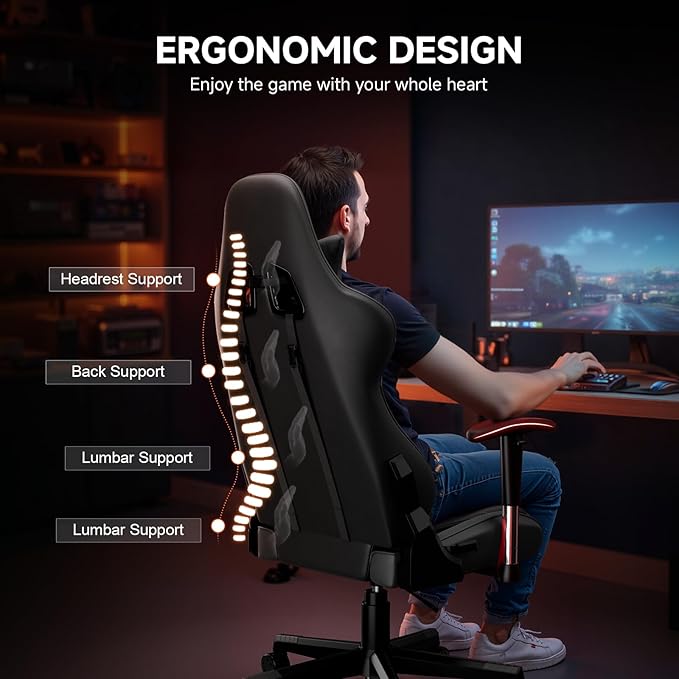 GTRACING Gaming Chair with Reclining Backrest, Adjustable Height and Swivel Base, Ergonomic Computer Chair with Headrest and Lumbar Support (Black)