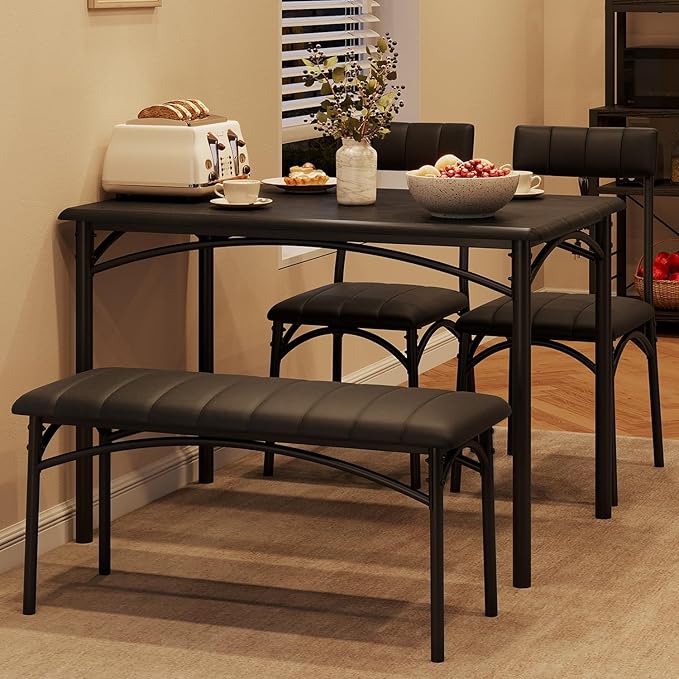 Dining Table Set for 4, Small Dining Table Set with Upholstered Bench and 2 Chairs, Kitchen Table and Chairs for 4, for Small Space, Apartment, Dinner, Rustic Black
