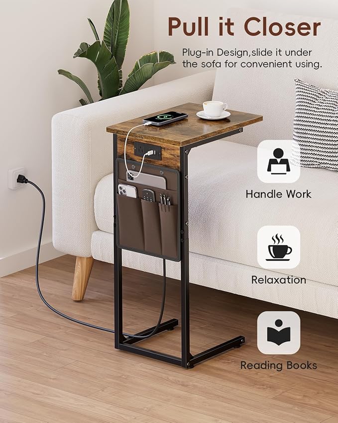 Vagusicc C Shaped End Table with Charging Station, Small Side Table for Couch, Tall Sofa Table Couch Side Tables, Slide Under Sofa Table TV Tray Arm C Tables for Living Room, Bedroom, Bedside, Brown