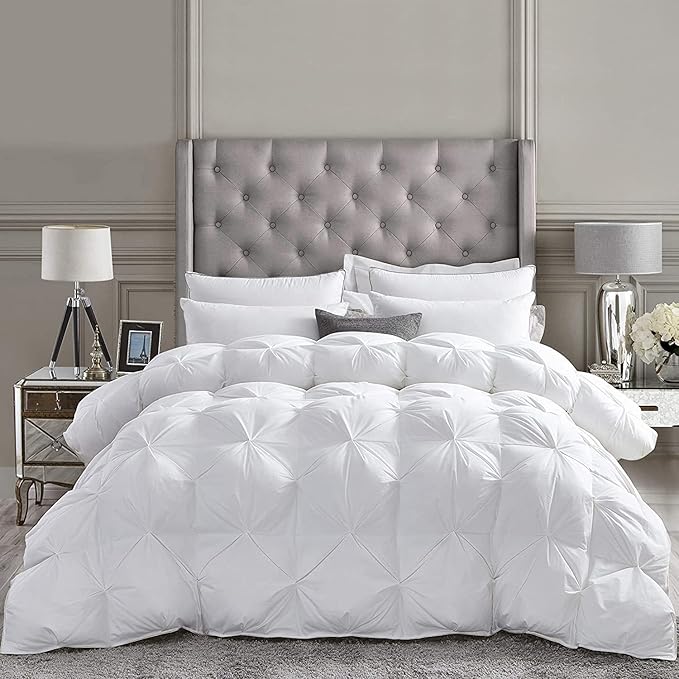 Luxurious Goose Down Feather Fiber Comforter Duvet Insert, Exquisite Pinch Pleat Design, Oversize California King/Cal King White 108 x 98, 100% Egyptian Cotton, 75 oz. Fill Weight, White