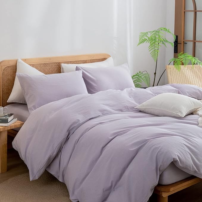BESTOUCH Duvet Cover Set 100% Washed Cotton Linen Feel Super Soft Comfortable Chic Lightweight 3 PCs Home Bedding Set Solid Taro Purple Queen
