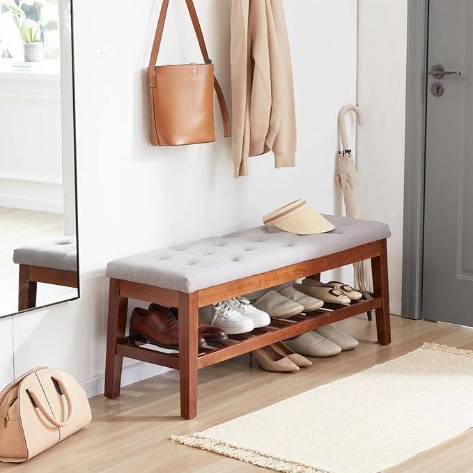 Upholstered Shoe Bench Entryway Bench for Bedroom, End of Bed, Ottoman Bench Tufted Padded Seat with Solid Wood Shelf for Living Room, Linen Ash Gray