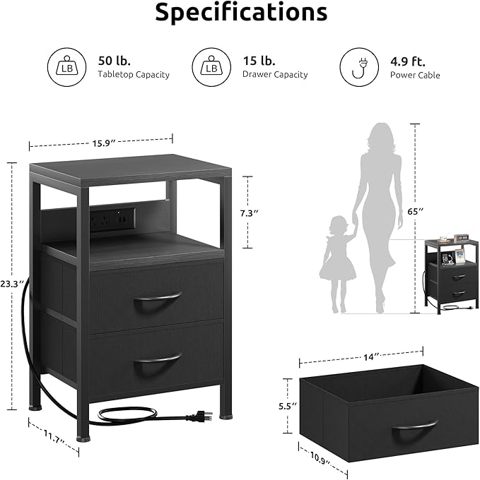 NightStand Bedside Charging Table Bedroom - Night Stand with Charger Station, Modern Nightstand with Open Shelf & 2 Fabric Drawers, Bed Side Table with USB-C USB Ports & AC Outlets for Dorm, Black