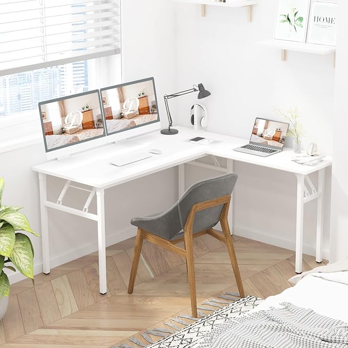 DlandHome Reversible L-Shaped Desk Large Corner Desk Folding Table Computer Desk Home Office Table Computer Workstation, White DND-ND11-WW