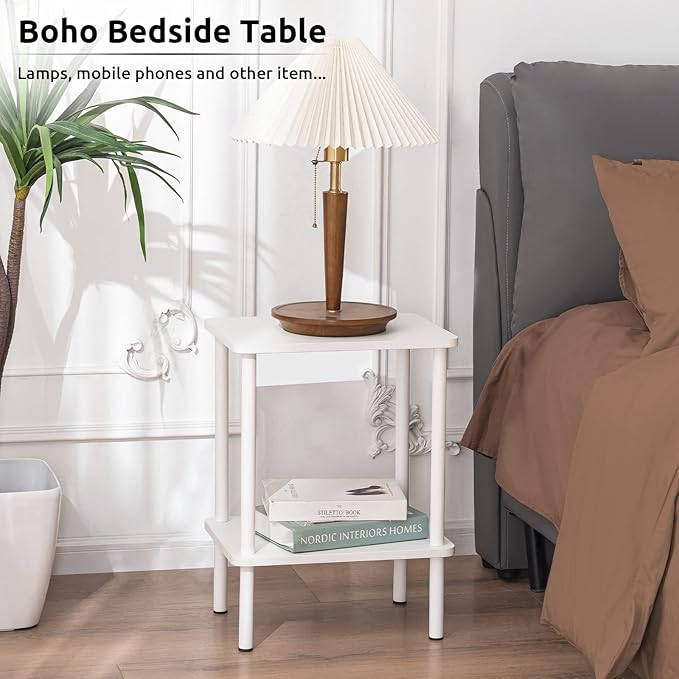 Apicizon 2 Tier End Table Set of 2, Small Side Table with Solid Wood Legs, Boho Bedside Table with Storage Shelf, Nightstand for Small Spaces, Bedroom, Living Room, Entryway, Easy Assembly, White