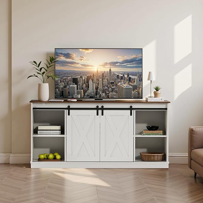 Sweetcrispy Farmhouse TV Stand for Living Room Bedroom White 65 Inch, Tall Entertainment Center with Storage Shelves, Media Console Cabinet with Wood Board, 300 LBS Capacity, and Sliding Barn Door