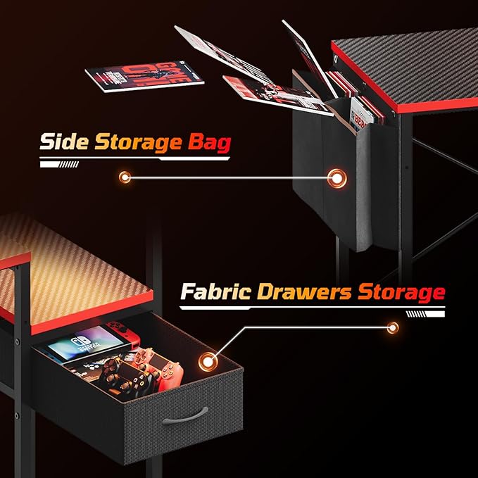 Bestier Gaming Desk with LED Lights, 44 Inch Reversible Computer Desk with Drawers & Storage Shelves for Small Spaces, PC Gamer Table with Storage Bag & Side Hook, Carbon Fiber Black-RED
