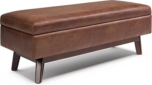 SIMPLIHOME Owen 48 inch Wide Mid Century Modern Rectangle Rectangular Storage Ottoman in Distressed Saddle Brown Vegan Faux Leather, Assembled, for the Living Room, Entryway and Family Room