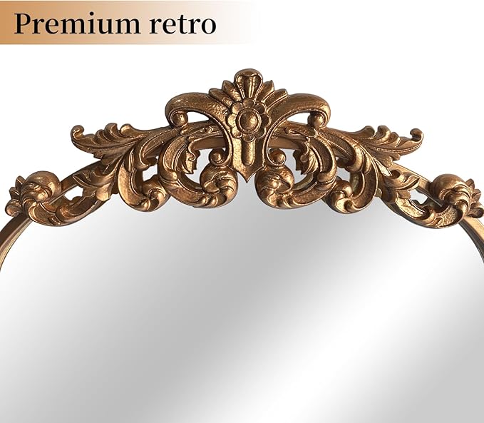 WAMIRRO Ornate Gold Mirror,Vintage Arched Baroque Antique Mirorrs for Living RoomHallwayFireplaceBathroomEntryway 36"X30"