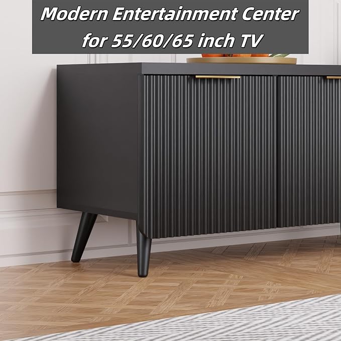 TV Stand for Living Room, Fluted Television Cabinet with 4 Stripe Doors, Modern Entertainment Center for 55/60/65 inch TV, Media Console with Wooden Legs & Metal Handles, Black