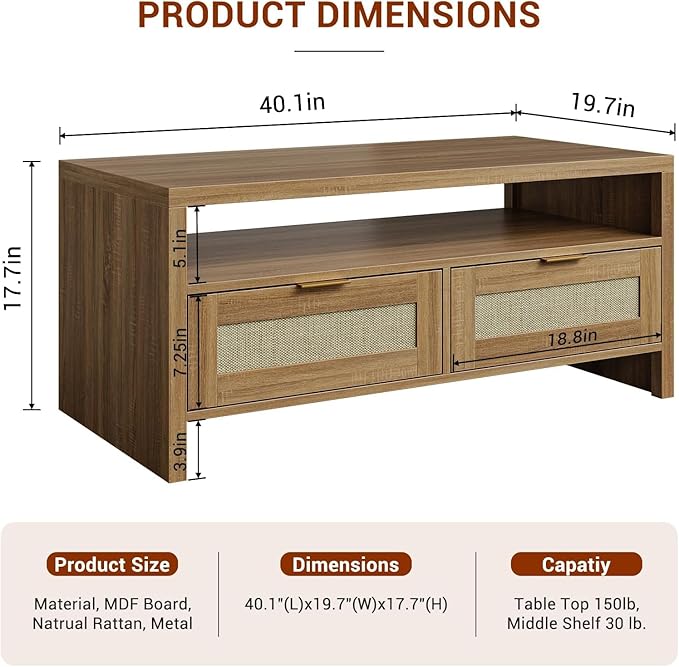 2 Tiers Boho Coffee Table with Storage,40” Mid Century Rattan Console Table with Drawers and Open Shelf, Wooden Center Coffee Table for Living Room/Apartment/Farmhouse/Bedroom/Small Place(Oak)