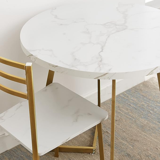 VECELO Round Dining Room Table with Wood Grain Tabletop and Steel Frame, for Kitchen, Living Room, Office, Conference, 2 to 4 Person, White & Gold