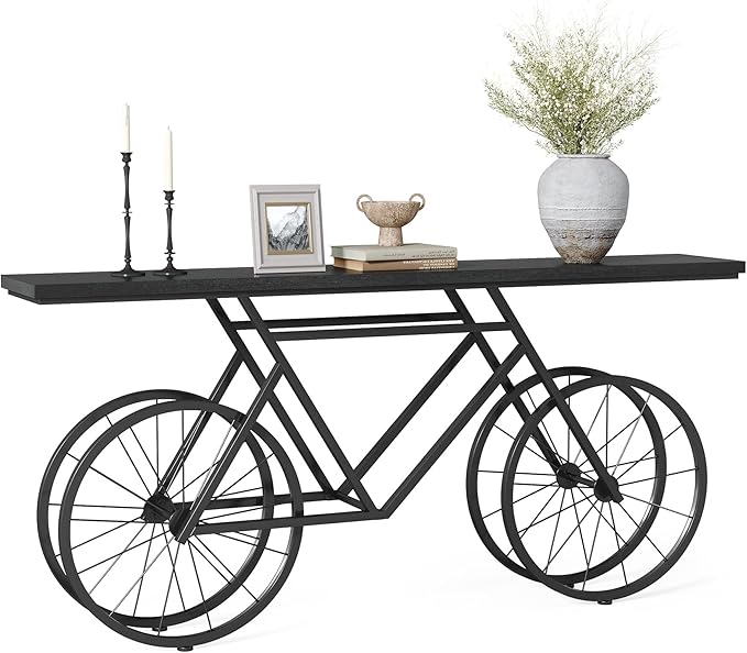 LITTLE TREE Narrow Sofa Table, 70.9-Inch Extra Long Console Table for Living Room, Entryway, with Unique Bicycle Metal Base. Black
