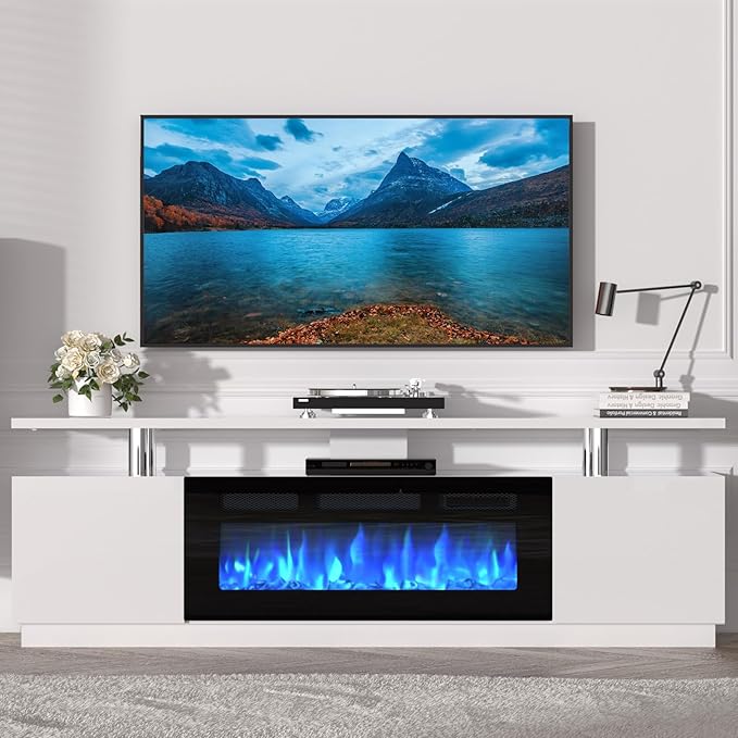 GarveeHome 70 Inch Fireplace TV Stand with 36 Inch Electric Fireplace, 12 Colors LED Lights, 750W/1500W for Max 80 Inch TV, 2 Tier Storage 2 Door Cabinet