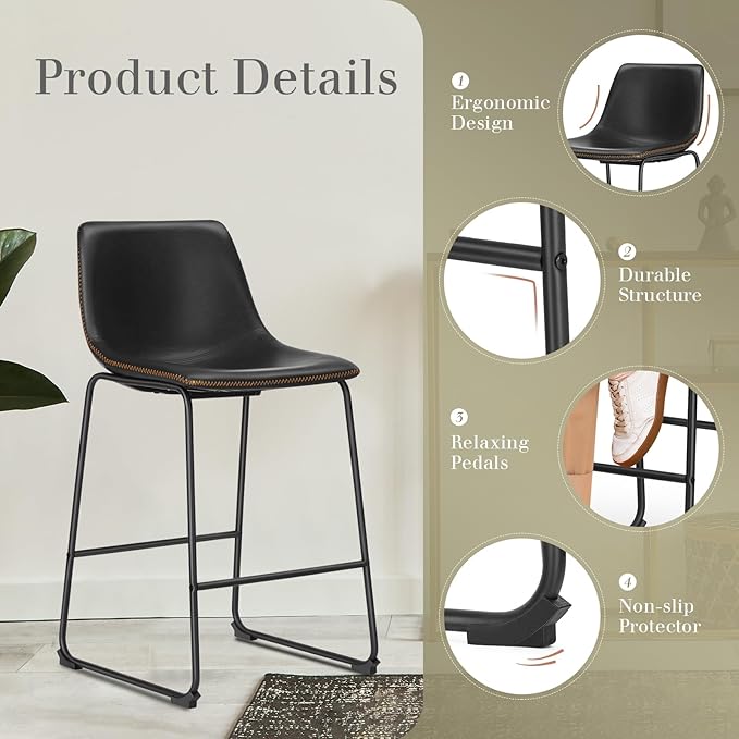 DUMOS 26 Inch Counter Height Bar Stools Set of 4, Modern Faux Leather High Barstools with Back and Metal Leg, Bar Chairs for Kitchen lsland, Black