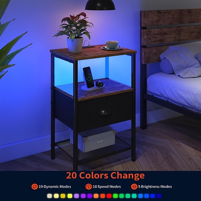 Sthmec Nightstands with Charging Station, LED Bedside Tables with Charging Station and Fabric Drawer, Night Stand with Storage, 3 Tier Side Table with Open Shelf,Nightstand Bedside Table,Rustic Brown