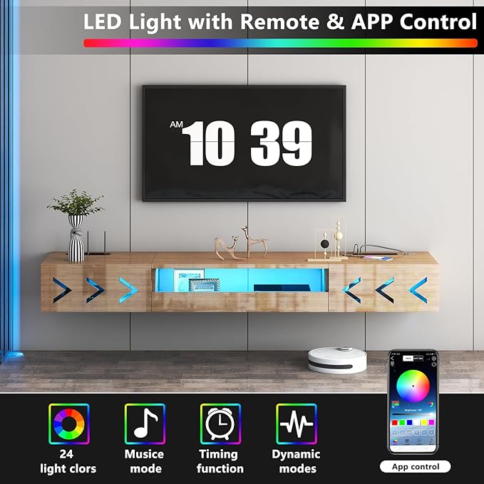Floating TV Stand, 71" Floating Entertainment Center Wall Mounted,Floating Wall Mounted TV Shelf with Led Lights and Power Outlet,Modern High Gloss tv Cabinet Media Console with Storage