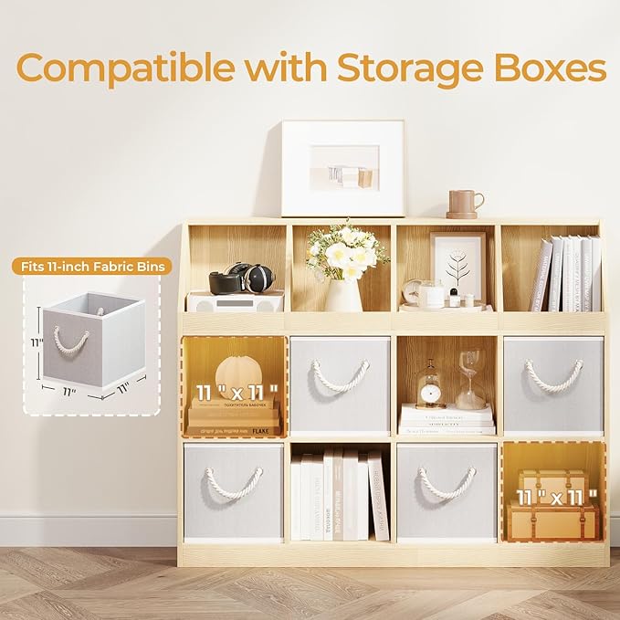 12-Cube Wooden Storage Bookcase - 11-Inch Open Shelf Cabinet, Simple Modern Bookshelf Organizer for Home Office, Living Room, Oak