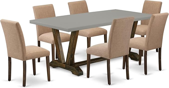 East West Furniture V797AB747-7 7 Piece Kitchen Table Set Consist of a Rectangle Dining Table with V-Legs and 6 Light Sable Linen Fabric Parson Dining Chairs, 40x72 Inch, Multi-Color