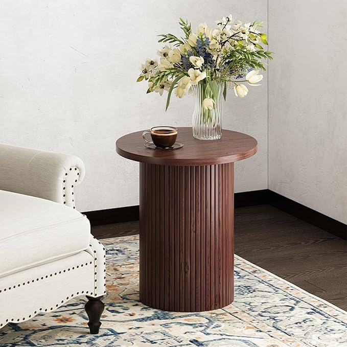 Walnut Pedestal Side Table 16.93'' Dia, Mid Century Modern Farmhouse Accent End Table, Fluted Base Design, Fully Assembled, for The Living Room and Bedroom, 22.44" Tall