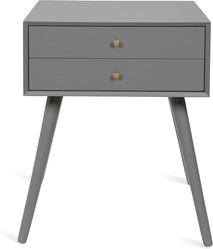 Kate and Laurel Finco Midcentury Modern Style Side Table with 2 Drawers, Gray Finish with Brass Hardware
