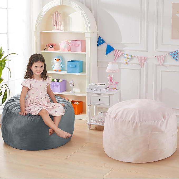 Kids Bean Bag Chair Bed - Convertible Lazy Chair to Floor Mattress with Filler - Small Beanbag Chair for Boys and Girls - Floor Couch Sofa in Bedroom, Classroom, Reading Nook - Charcoal