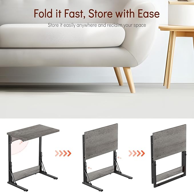 Tatub 24" Folding C Shaped End Table, Small Sofa Side Laptop Desk, Couch TV Tray Table for Living Room, Bedroom, Light Ivory