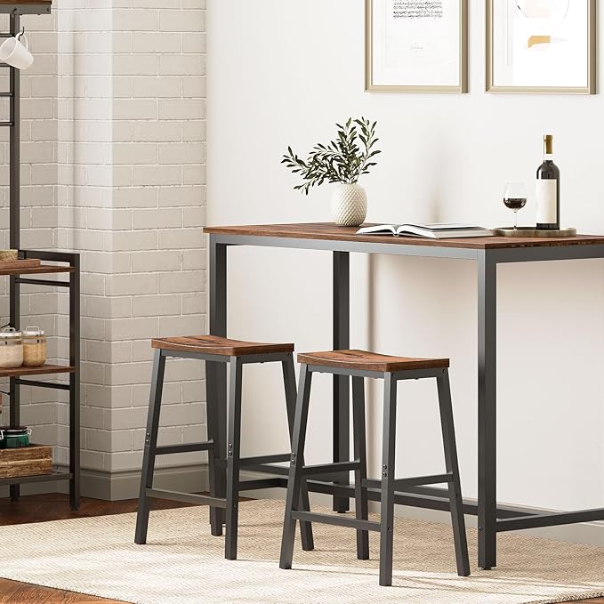 HOOBRO Bar Stools, Set of 2 Bar Chairs, 23.6 Inch Saddle Stools, Kitchen Counter Seat with Footrests, Industrial Barstools for Dining Room, Kitchen, Counter, Rustic Brown and Black BF02MD01