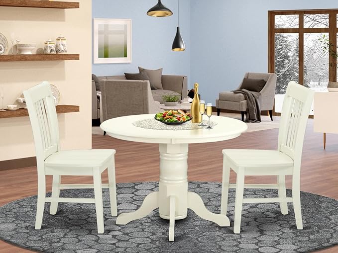 East West Furniture SHNO3-LWH-W 3 Piece Modern Dining Table Set Contains a Round Kitchen Table with Pedestal and 2 Dining Room Chairs, 42x42 Inch, Linen White