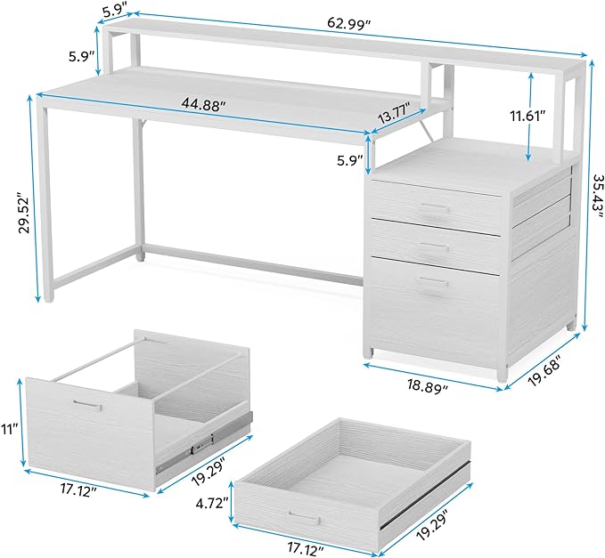 Tribesigns 63 Inch Computer Desk with File Drawer Cabinet, Ergonomic Office Desk with Monitor Stand, Computer Table with Printer Space, Wood PC Table Workstation Desk for Home Office, White
