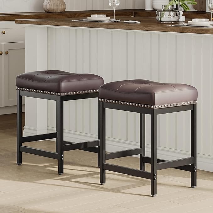 MALOL Set of 4 Saddle Bar Stools Counter Height 24.4”, Backless Barstools for Kitchen Island, Modern PU Leather Cushioned Seat, Bar Chairs for Kitchen Counter, Breakfast Bar Stools for Home,Brown