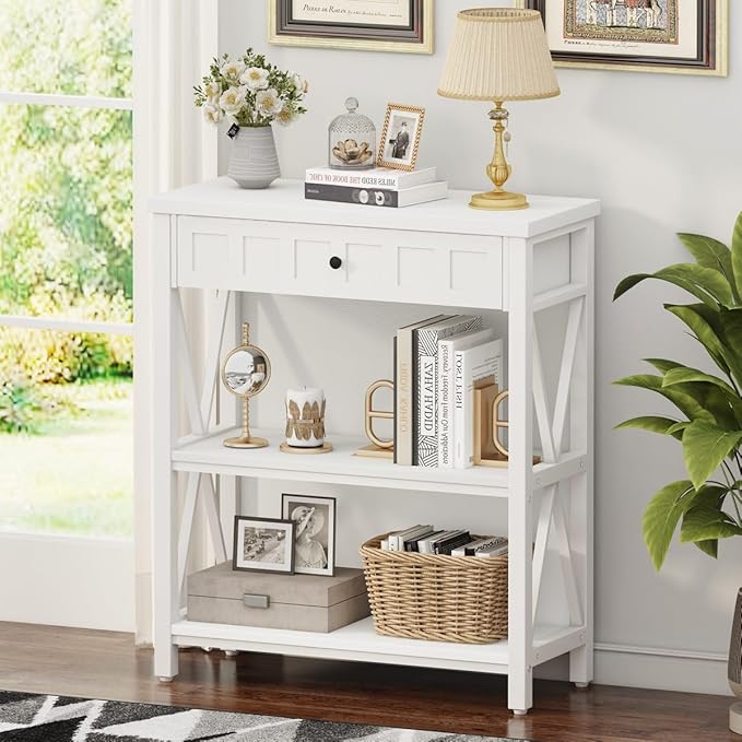 FATORRI Small Bookcase with Drawer, Wood and Metal Bookshelf for Small Space, Short Book Shelf and Low Book Case for Living Room (White Oak)
