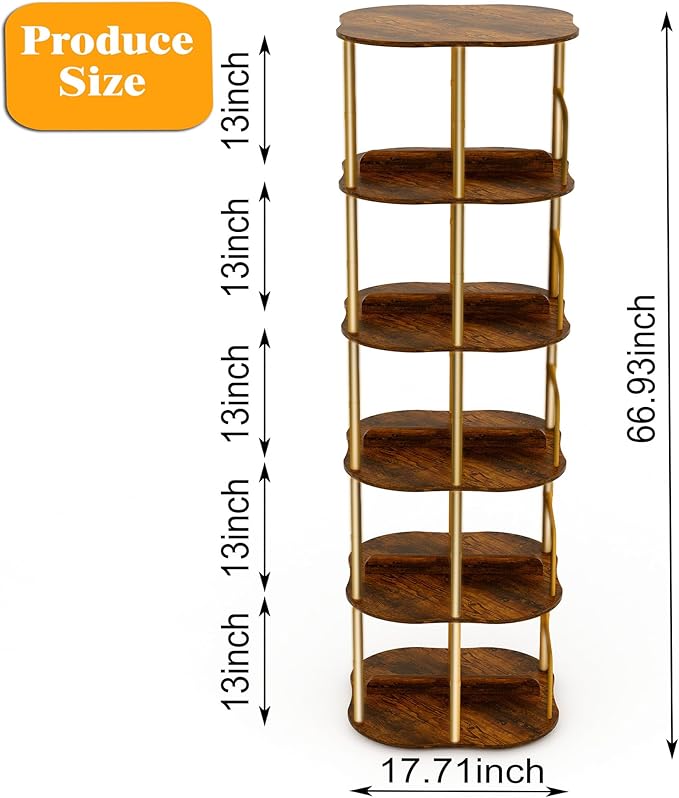 5-Tier Rotating Bookshelf, 360 ° Display Stackable Spinning Bookshelf Tower, Narrow Space Saving Tall Floor Standing Swivel Bookcase Corner Organizer for Bedroom, Living Room, Gold