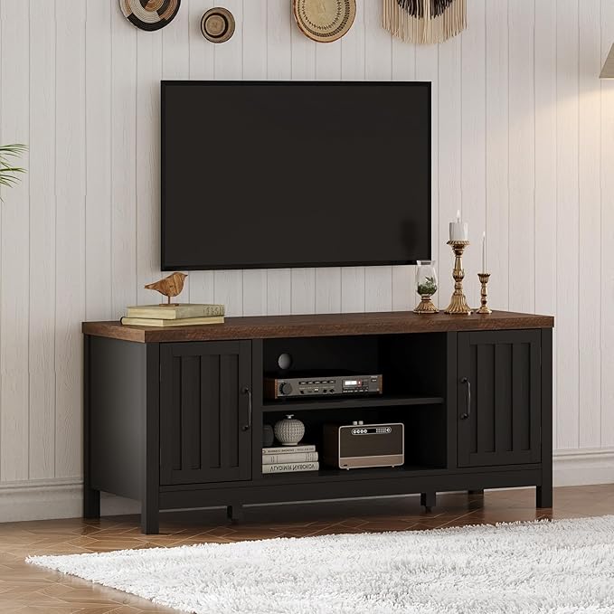 ChooChoo Farmhouse TV Stand for Televisions up to 55 inches, Entertainment Center Console Table Media Furniture with Storage Cabinets and Open Shelves, Fluted Door, for Living Room Bedroom, Black