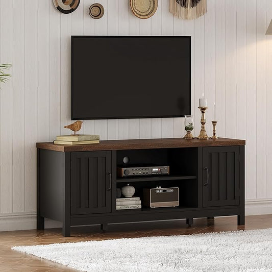 ChooChoo Farmhouse TV Stand for Televisions up to 55 inches, Entertainment Center Console Table Media Furniture with Storage Cabinets and Open Shelves, Fluted Door, for Living Room Bedroom, Black