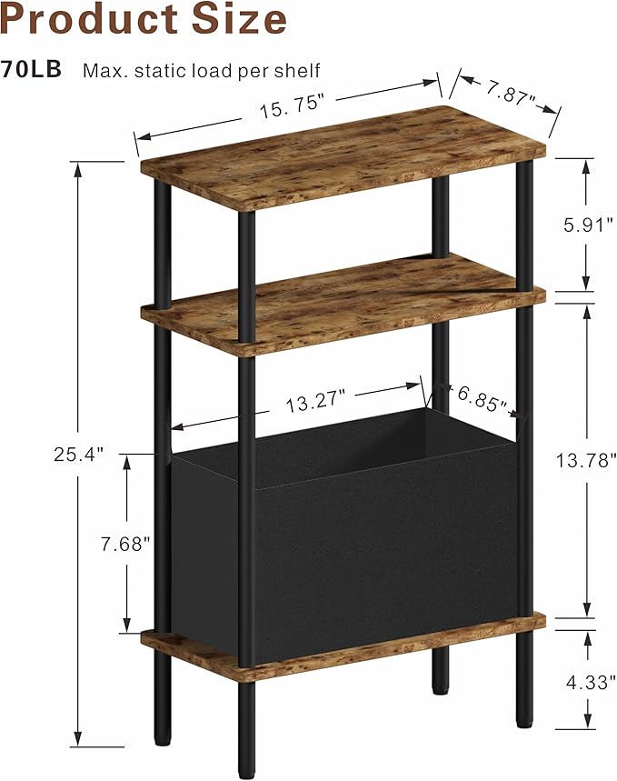 Narrow Side Table with Fabric Basket, Set of 2 End Table for Small Spaces, Slim Nightstand with 3-Tier Storage Shelf, Sofa Beside Table, for Living Room, Bed Room, Rustic Brown