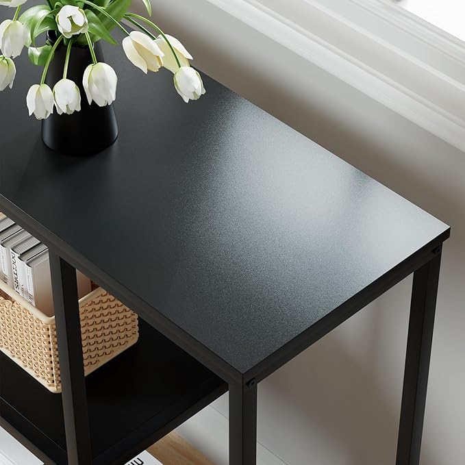 WOHOMO Console Table, 12'' Narrow Entryway Table for Living Room, 31.5'' x 31.5'' Black Industrial Sofa Table with 3-Tier Storage Shelves for Corridor, Hallway, Black