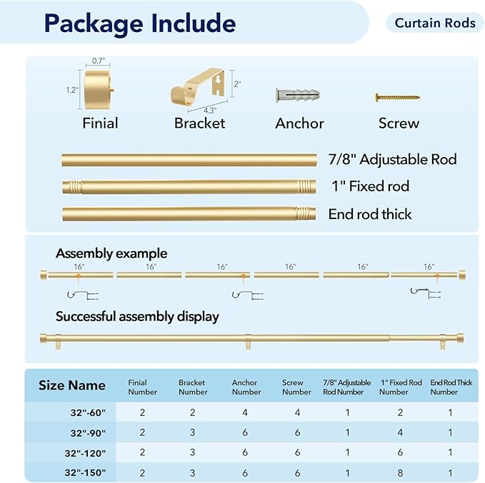 2 Pack Curtain Rods for Windows 72 to 144 Inch, 1 Inch Gold Curtain Rods Set, Adjustable Heavy Duty Curtain Rod, Outdoor Curtain Rods for Patio Bedroom, Drapery Rods with End Cap, Size 32"- 150"