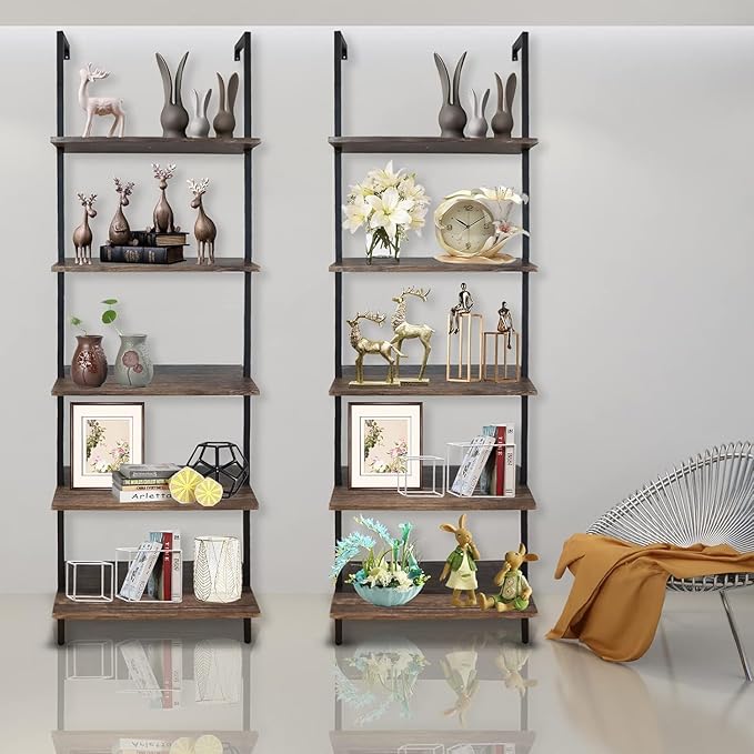 5 Tiers Ladder Shelf 2-Piece Black Modern Tall Bookshelf Open Large Tall Wall Mount Storage Bookcase Standing Leaning Wall Shelves Industrial Decorative (Brown)