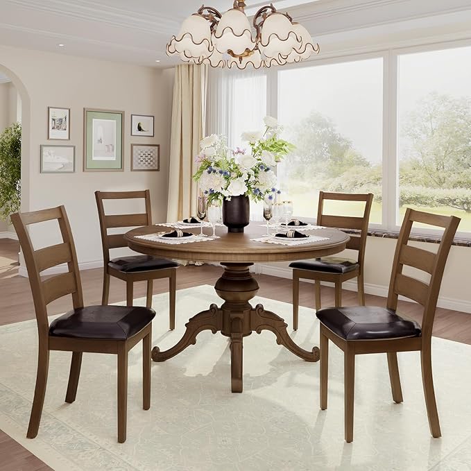 COLAMY Upholstered Dining Chairs Set of 4, PU Leather Ladder High Back Dining Room Kitchen Side Chair with Adjustable Foot Pegs, Dark Brown